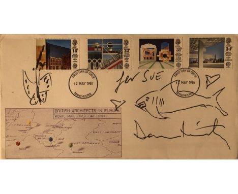 DAMIEN HIRST AUTOGRAPH AND SKETCH. A first day cover bearing an inscription, two sketches and a signature all in the hand of 