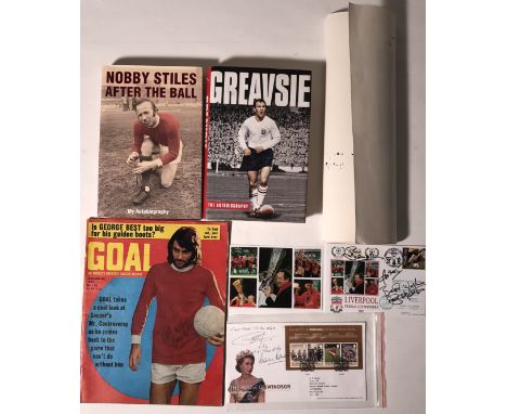 SIGNED FOOTBALL MEMORABILIA. Six pieces of signed football memorabilia to include: Jimmy Greaves- Greavsie signed to first pa