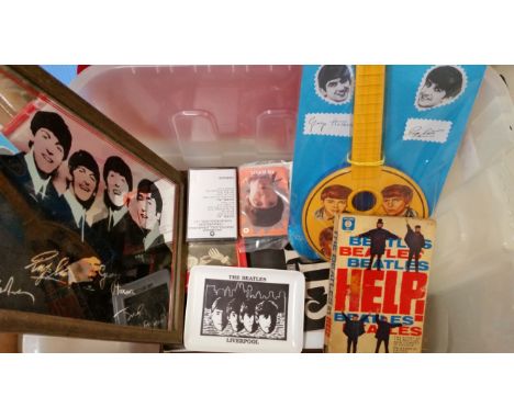 POP MUSIC, The Beatles selection, inc. reprint of 1961 poster, plastic banjo, postcards, Help! Paperback, portrait mirror, as