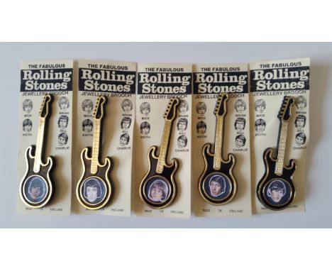 POP MUSIC, plastic guitar brooches, The Rolling Stones, set of five (all portraits), colour, by Invicta Plastics, each on car