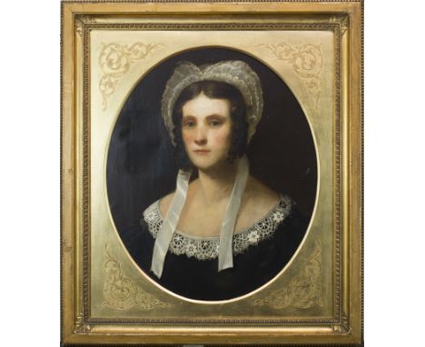SCOTTISH SCHOOL (EARLY 19TH CENTURY),PORTRAIT OF A YOUNG LADY IN LACE BONNET AND COLLARoil on canvas59.5cm x 50cmFramed (tond