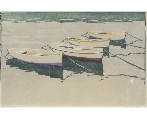 SYLVAN G BOXSIUS (BRITISH 1878 - 1941),WHITE BOATScolour woodcut print, signed and titled in pencil15cm x 22cmMounted, framed