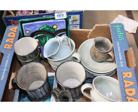A quantity of Studio Pottery including cups, saucers, tiles, beakers, etc.