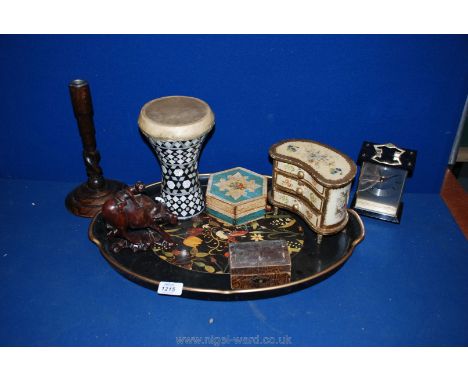 A floral decorated Tray, hand-made miniature chest of drawers, drum, wooden candlestick, quartzmatic clock, box, etc