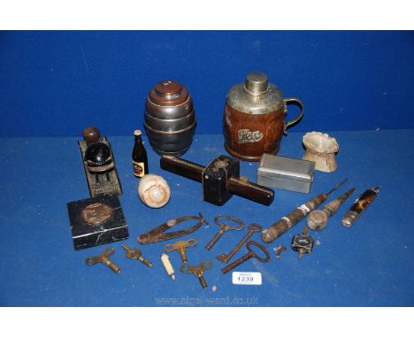 A quantity of miscellaneous including copper canister, treen tea caddy, onyx egg, scribe, etc