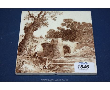 A Minton Tile, cream ground with bridge and river scene, 15cms square.