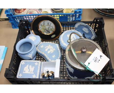 Six Wedgwood pieces and a Chokin Plate, Sugar Box, Adams jasperware Biscuit Barrel, Trinket Box, etc