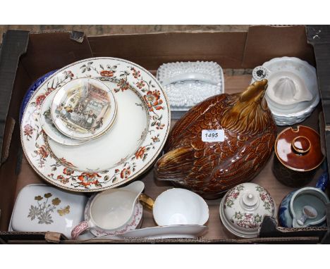 A box of china including a Sardine lidded Dish, Crabtree Lemon Squeezer, miscellaneous plates, Portmeirion Hen on Nest, etc.