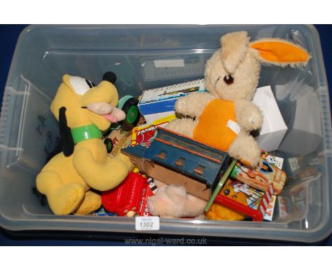 A box of vintage Toys including plush Pluto, scratch built tractor, wooden train, tin plate toys, Chad Valley hygienic musica