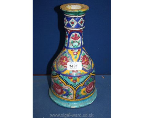 An old Persian style Bottle Vase, 10 1/2" tall, with bright enamel decoration