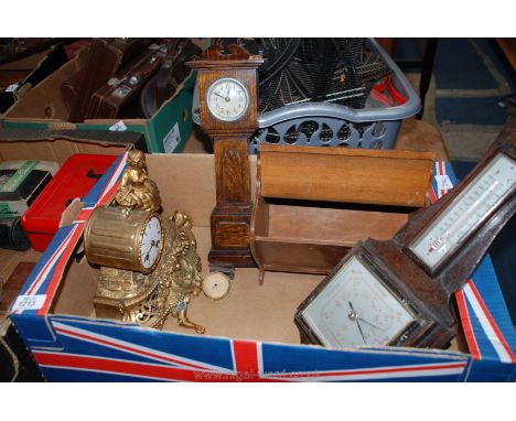 A small wooden Barometer, a miniature Grandfather Clock, a small wooden Magazine Rack and a metal framed Clock (as found)
