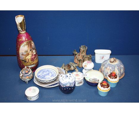 A quantity of china including trinket pots and trays, pottery butter dish decorated with a mouse, pottery frog, Limoges vase/