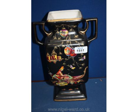 A ceramic two handled Vase with a Venetian scene on a black background with gilt highlights, 11 1/2" tall