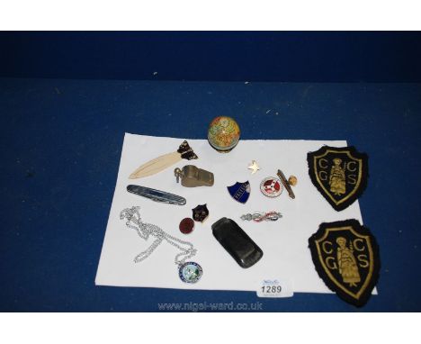 Miscellaneous enamel badges, penknives, globe, pencil sharpener, etc