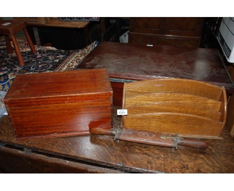 A large vintage wooden Box with removable tray together with a wooden stationery Stand and a carved wooden Scabbard with knif