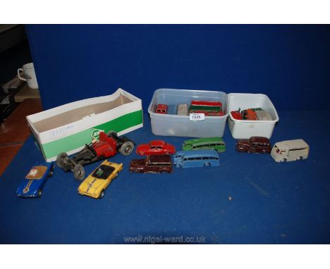 A box of Dinky and other model cars and two old Scalextric cars, some a/f.