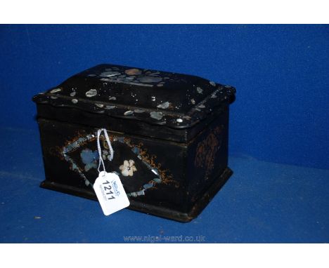 A Papier Mache Tea Caddy, with two compartments. The outside having inlaid mother of pearl decoration