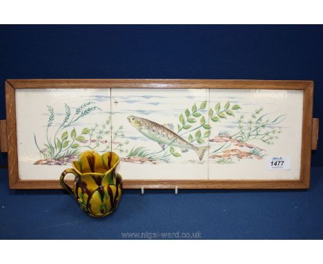 A three tile hand-painted Plaque of Salmon/trout possibly Poole/Dunmore set into a tray and a spinach glazed leaf Jug