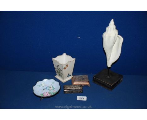 Two small Oriental metal boxes, pen pot, ornamental Shell, enamel trinket bowl, etc.