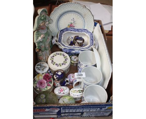A quantity of china including Spode Souvenir Mugs, bisque Figures, Pill Boxes, Mason's Sauce Boat (no lid), etc.