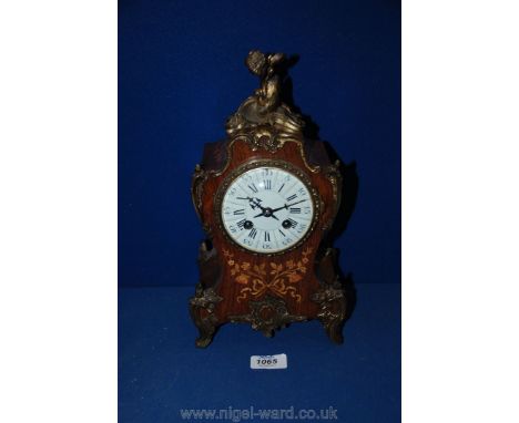 A French Marquetry and Ormolu pendulum Clock with enamel balloon dial, approx 30cm tall, marked A & N, 'Made in France', plus