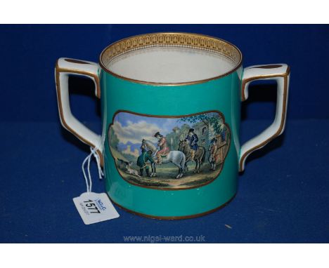 A Victorian Prattware Loving Cup Green with Squire Before Country Mansion & Fishing Boat being Unloaded in Harbour Scenes. Ba