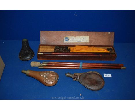 A Webley 12 bore Gun Cleaning Kit, plus two sets of rods, a copper Powder Flask, Irish shot flask and the body of another