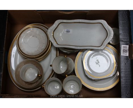A quantity of Haviland Limoges China France including saucers, cups, side plates, dinner plates, slop bowl, etc (white with g