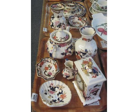 Two trays of Masons Ironstone Mandalay design items, various to include; teaware, mantel clock, vases, plates etc. (2)(B.P. 2