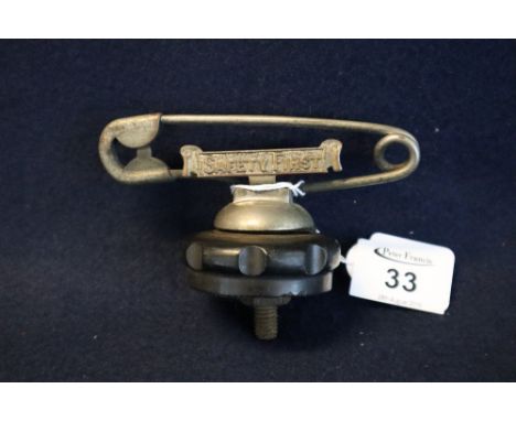 Unusual 'Safety First' safety pin design plated metal and bakelite car radiator cap. 12cm wide approx. (B.P. 24% incl. VAT)  