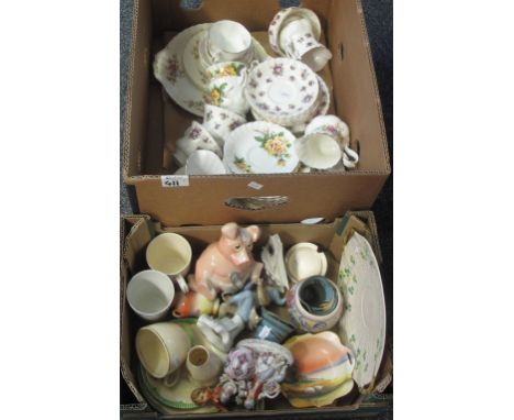 Two boxes of assorted china to include; Royal Albert Moss Rose, Royal Albert Sweet Violets teaware, Wade money bank in the fo