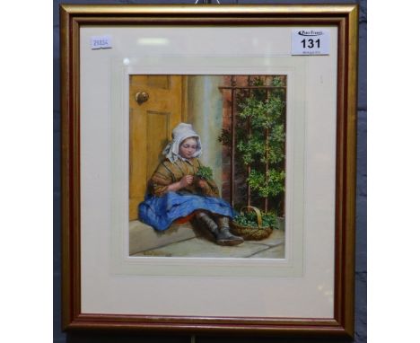 Walter Bromley (British 19th Century), little girl sitting on a step with basket of flowers, signed and dated 1865, watercolo