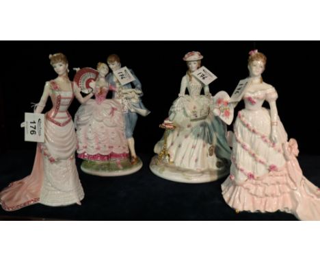 Four Royal Worcester bone china figurines to include; 'Poetry', 'A Celebration at Windsor', 'The Painted Fan' and 'The Flirta