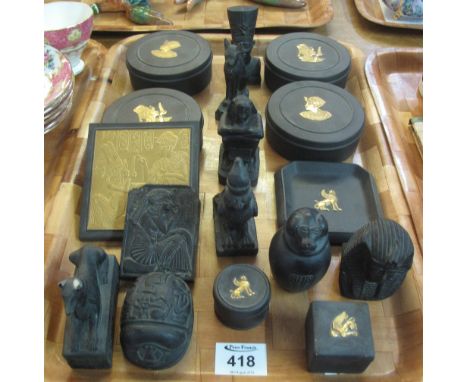 Tray of Wedgwood Basalt Egyptian design trinket boxes and covers, together with other Egyptian design sculptures of birds, an
