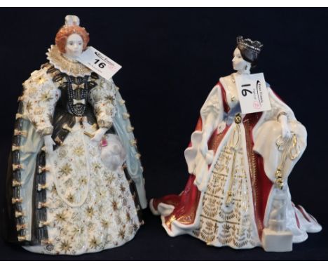 Royal Worcester bone china figurine Queen Elizabeth I, a limited edition. 22cm high approx. Together with another similar Que