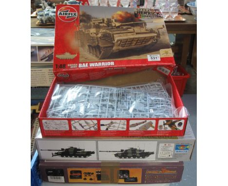 Airfix 1:48 British Army Bae warrior set, together with a 1:35 scale British Challenger in action tank by Trumpeter and a Pan