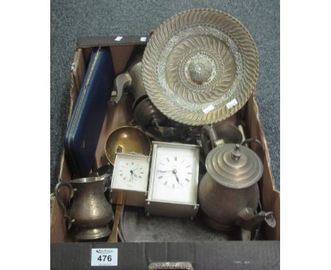 Box of assorted metalware to include; silver plated trays, fish knife and fork set cased etc. Together with a Metamec mantel 