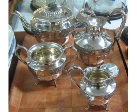 EPBM plated four piece tea service, teapot, water jug, sucrier and cream jug with engraved foliate panels. (4)(B.P. 24% incl.