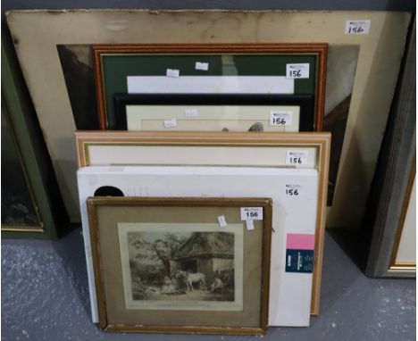 Group of assorted furnishing pictures including; dog studies, architectural, old print of Haverfordwest, farmyard study, phot