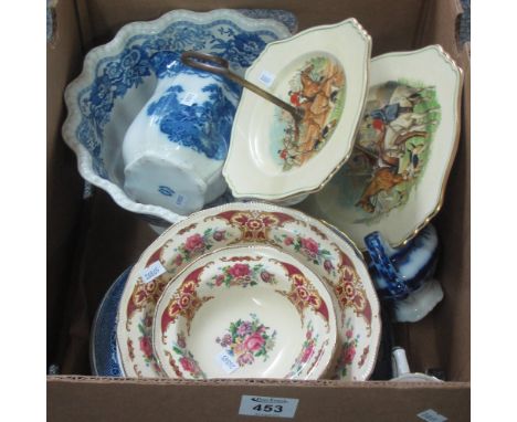 Box of assorted china to include; blue and white basin, blue and white jugs, cake stand with hunting scene decoration, Royal 