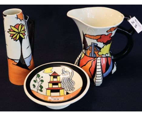 Three items Lorna Bailey 'Old Ellgreave' Clarice Cliff design pottery to include; conical ewer, baluster shaped wide mouthed 