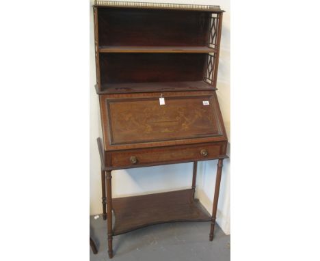 Late Victorian mahogany ladies writing desk having open bookcase top with brass gallery and single shelf, classically inlaid 