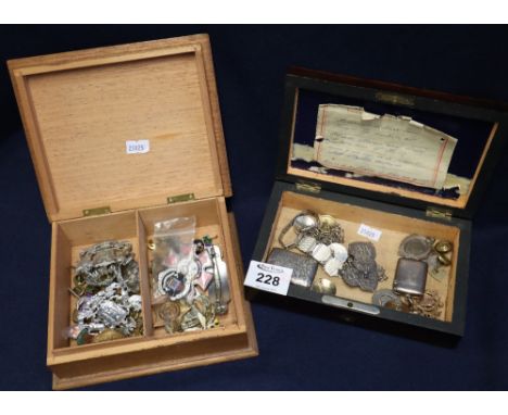 Small 19th Century rosewood jewellery box containing an assortment of silver items to include; vesta cases, bracelet, fobs et