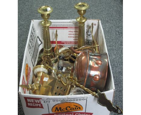 Box of assorted metalware to include; copper plated and brass spirit kettle on stand, toasting fork, pair of brass candlestic