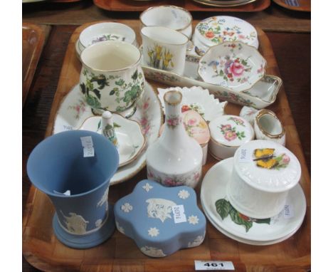 Tray of assorted china to include; Coalport, Wedgwood and other trinket boxes and covers, pin trays, waisted vase, ring holde