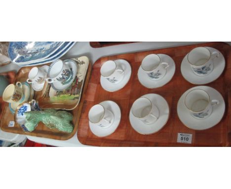 Two trays of assorted china to include; green ground coffee set, Clarice Cliff Coronation 1953 trio set, other cabinet cups a