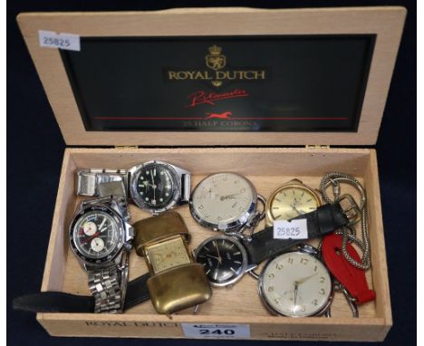 Box of assorted wrist and pocket watches to include; Buler Seaflower, Sekonda chronograph, Lusina automatic, a Tissot gold pl