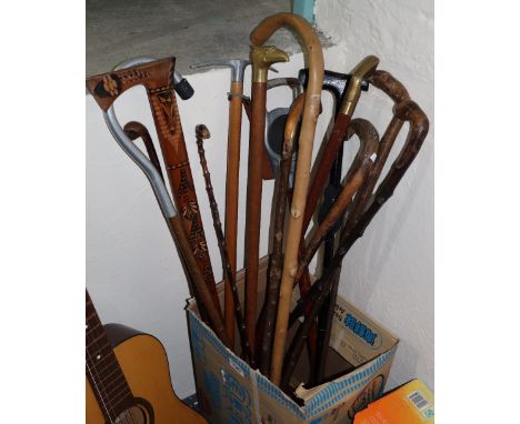 Collection of assorted walking sticks, various, shooting stick, aluminium shepherds crock, alpenstock, canes etc. (B.P. 24% i