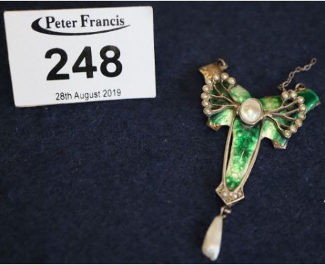 An Art Nouveau green enamel and pearl pendant, missing chain.(B.P. 24% incl. VAT) CONDITION REPORT: 5cm long plus pearl dropp