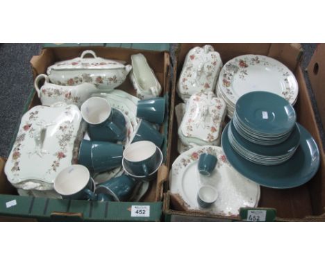 Two trays of assorted china to include; early 20th Century dinnerware and Poole pottery teaware. (B.P. 24% incl. VAT)